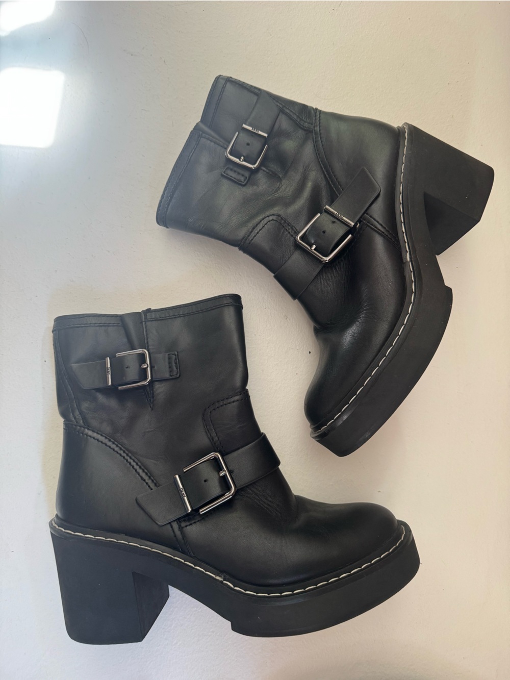 DKNY Daray Buckle Block Heel Bootie in black leather size 7.5